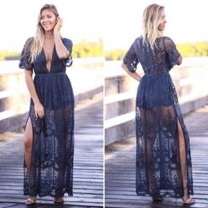 POL Women's Eyelet Lace Side Slit Maxi Romper Short Sleeve Black Backless Size S